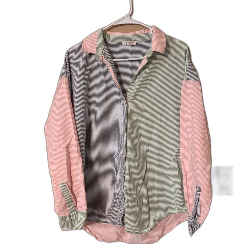 BeachLunchLounge Women's Multicolor Button Up Long Sleeve Size L Colorblock